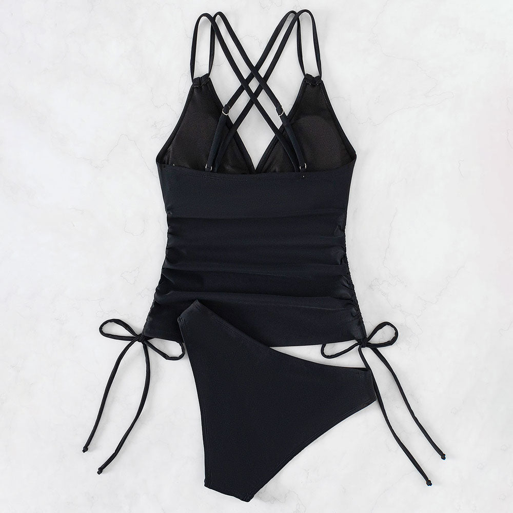 Active Mid Rise Moderate Ruched Tie Side V Neck Brazilian Two Piece Tankini Swimsuit - Seldom Seen Styles