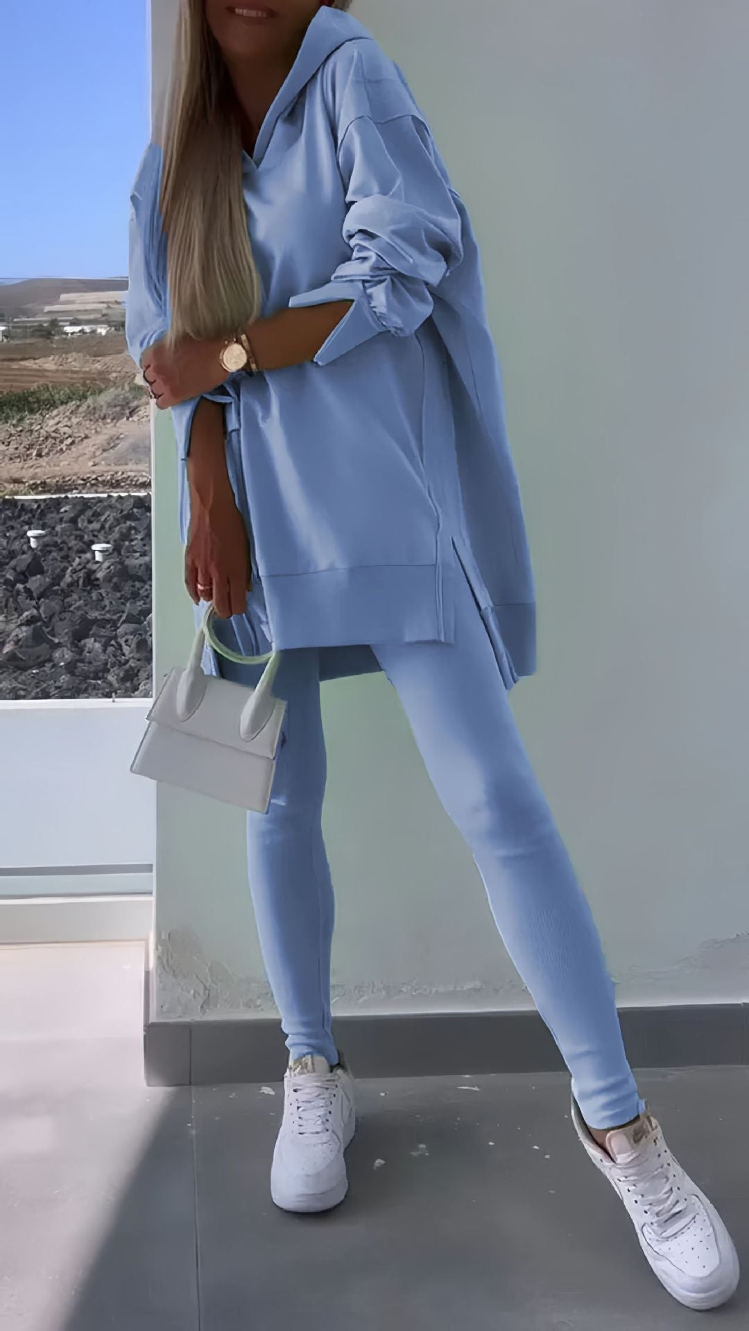 Autumn Women's Sports Split Hoodie Solid Color Long Sleeve Sweatshirt and Leggings Two-Piece Set - Seldom Seen Styles