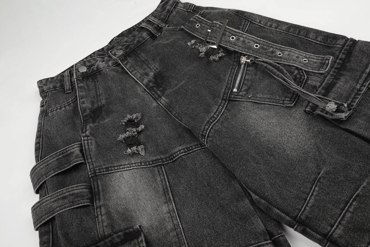 BVNTENG Metal Buckle Multi-Belt Destroyed Cargo Jorts - Seldom Seen Styles