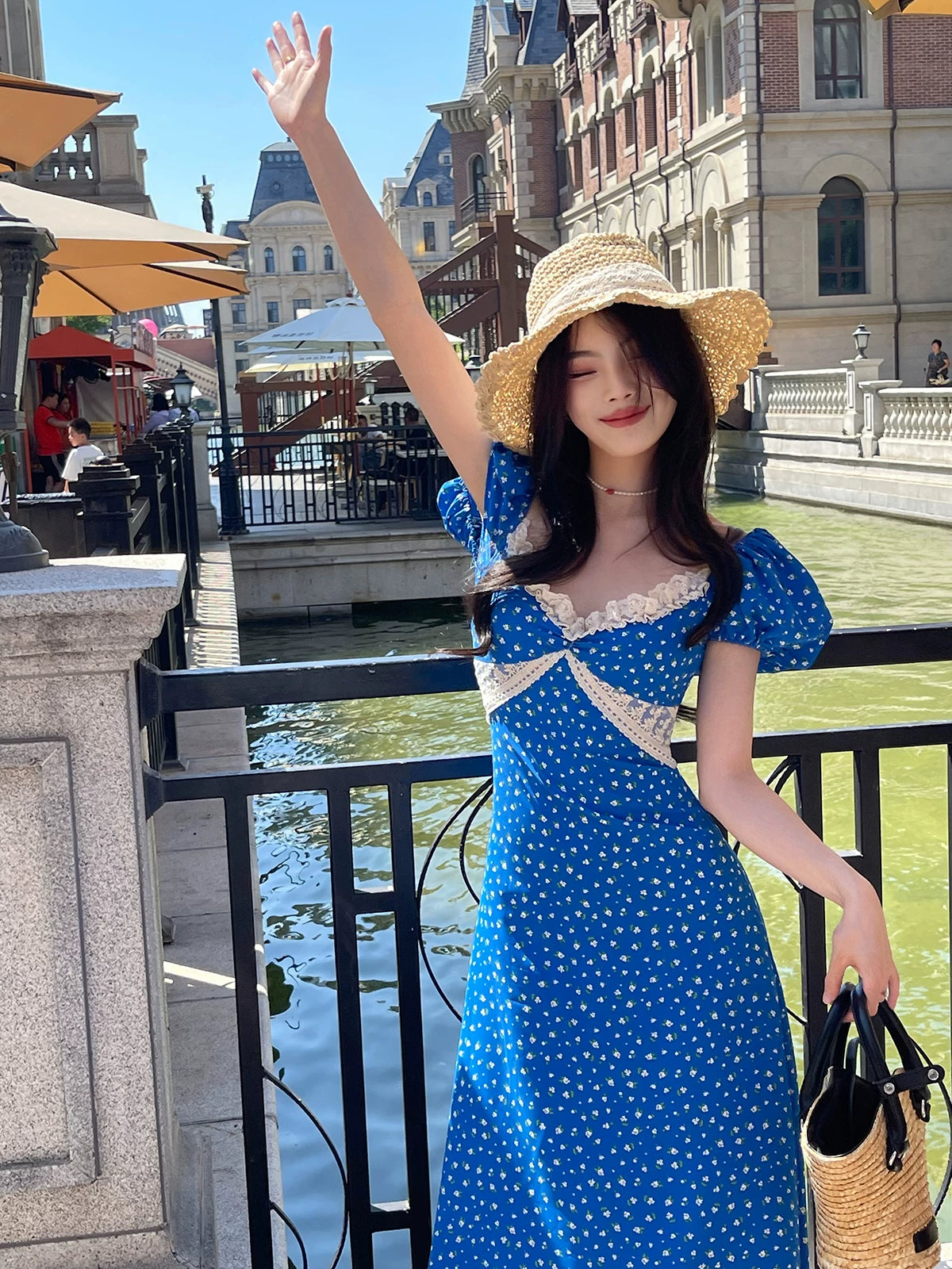 Blue Floral Puff Sleeve Midi Dress – Slim Fit Summer French Style Elegant Dress for Women - Seldom Seen Styles
