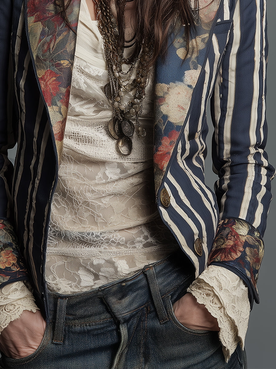 Bohemian Floral Print Cotton And Linen Striped Blazer - Seldom Seen Styles