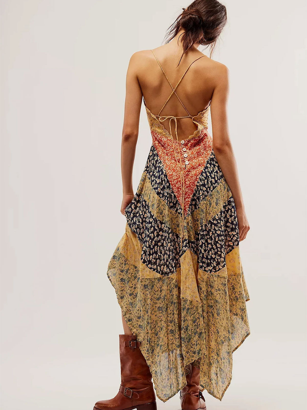 Boho Chic V Neck Tie Back Resort Floral Patchwork Slip Maxi Dress - Seldom Seen Styles