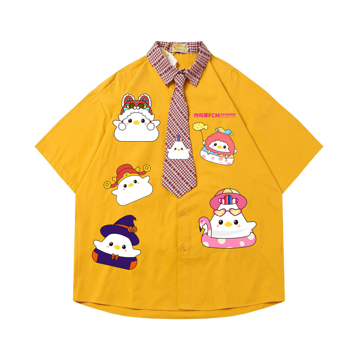Cartoon Embroidery Short Sleeve Shirt Unisex Loose Fit Tie-Neck Casual Couple Streetwear Top | Tie Stitch - Seldom Seen Styles