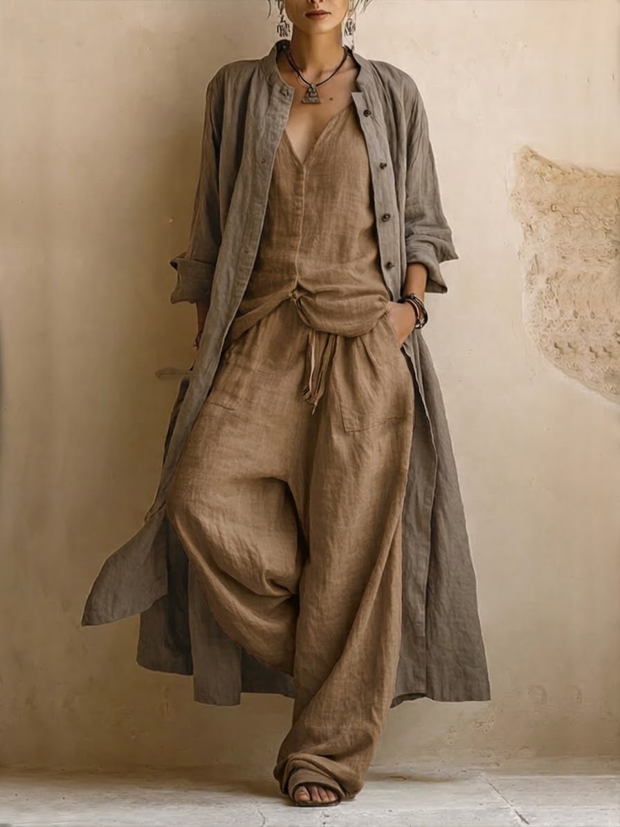 Casual Bohemian Linen And Cotton Long Cardigan And Sleeveless Top And Pants Three-piece Set - Seldom Seen Styles