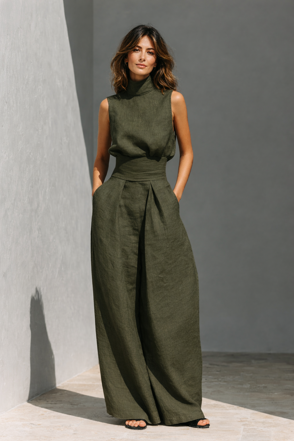 Women's Linen Two Piece Set Sleeveless Top and Wide Leg Pants Casual Summer Outfit - Seldom Seen Styles