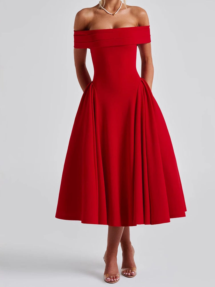 Clean | Dress with bare shoulders, flared midi - Seldom Seen Styles