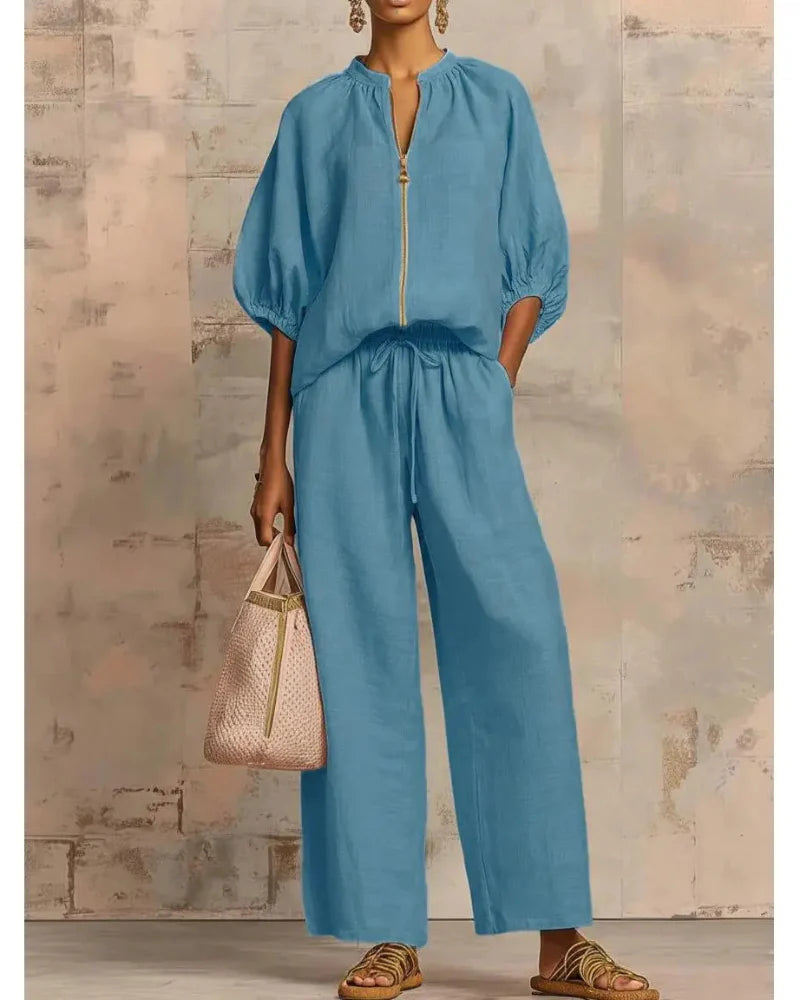 Women’s Lounge Set, Zip Top & Wide Leg Pants 2-Piece Casual Outfit - Seldom Seen Styles