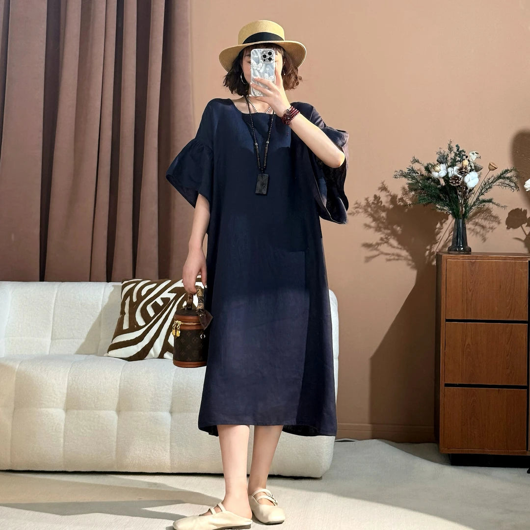 Women's Round Neck Flare Sleeve Loose Fit Linen Midi Dress Plus Size Casual Summer Beach Vacation - Seldom Seen Styles