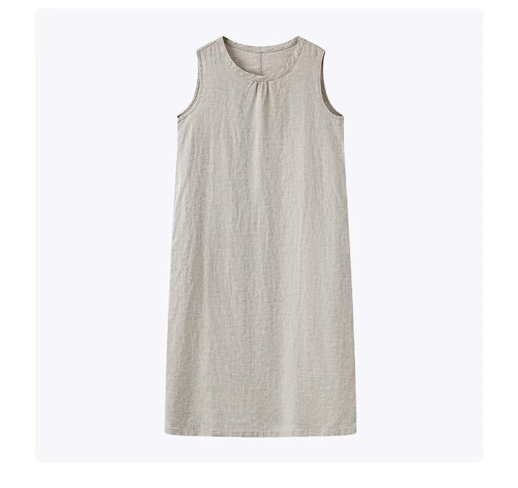 Women's Round Neck Sleeveless Gathered Neck Straight Linen Midi Dress Casual Summer Beach Vacation - Seldom Seen Styles