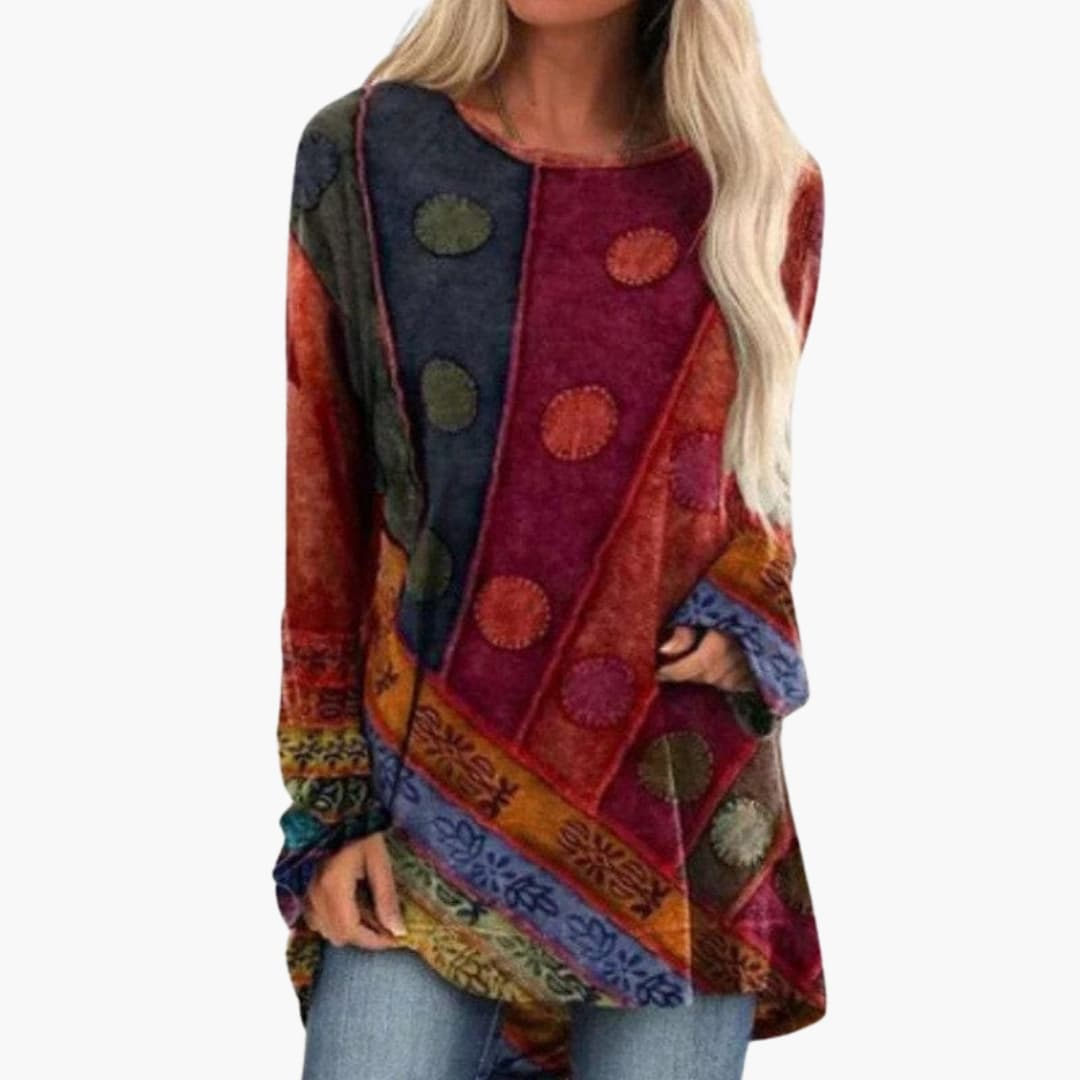 Women's Long Sleeve Tunic with Artistic Patchwork Pattern - Seldom Seen Styles