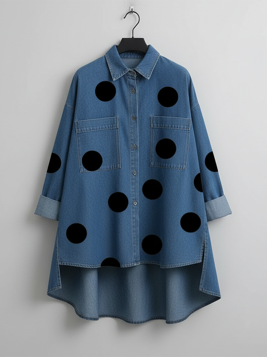 Elegant Artistic Polka Dot Print Stand-collar Denim Top - Seldom Seen Styles