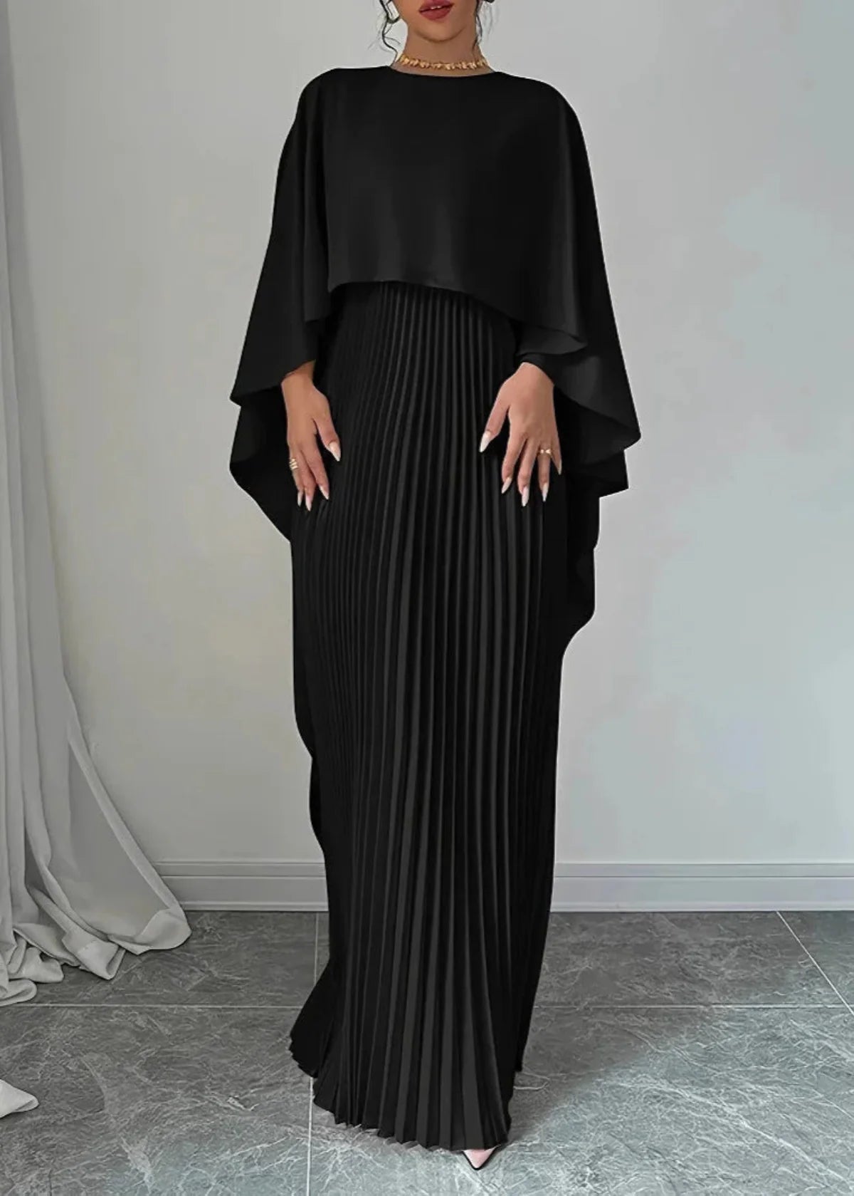 Elegant Pleated Maxi Dress Cape Overlay - Seldom Seen Styles