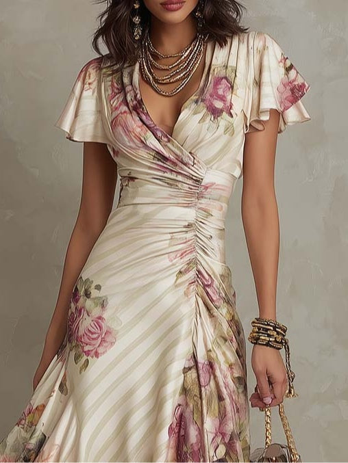 Women's Floral Wrap Midi Dress Ruffle Sleeve Vintage Chiffon Summer Wedding Guest Vacation Dress