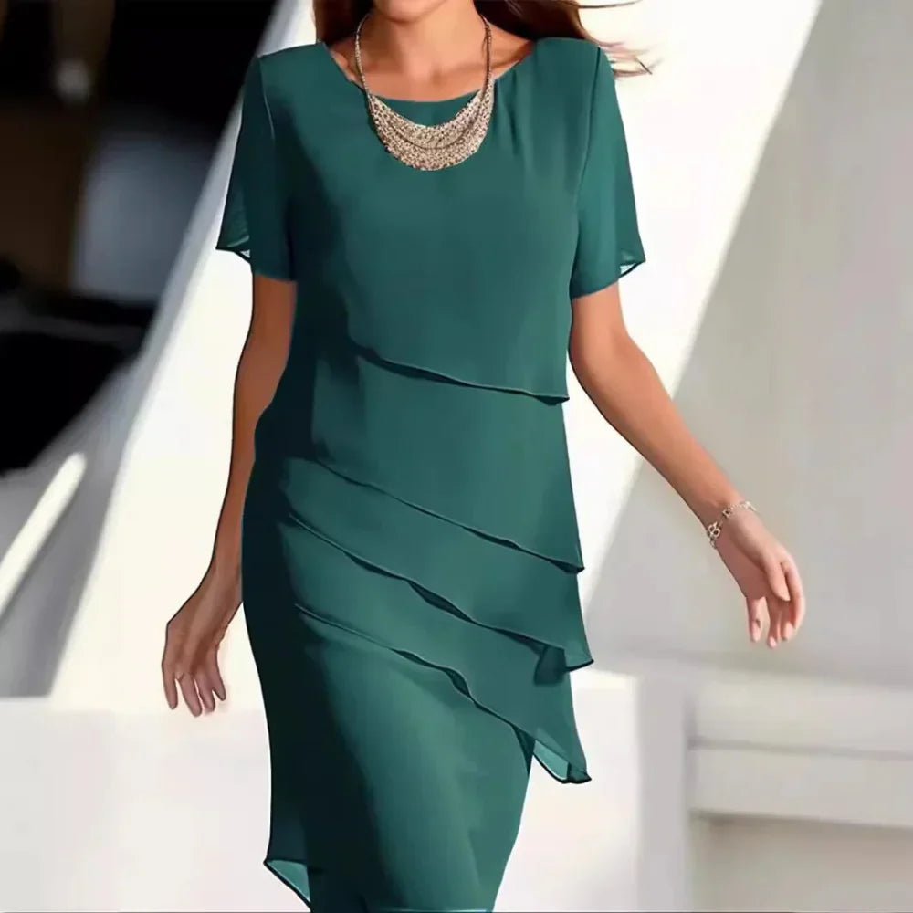 Elena Midi Dress Woman – Elegant Chiffon Dress with Tiered Design & Refined Details - Seldom Seen Styles