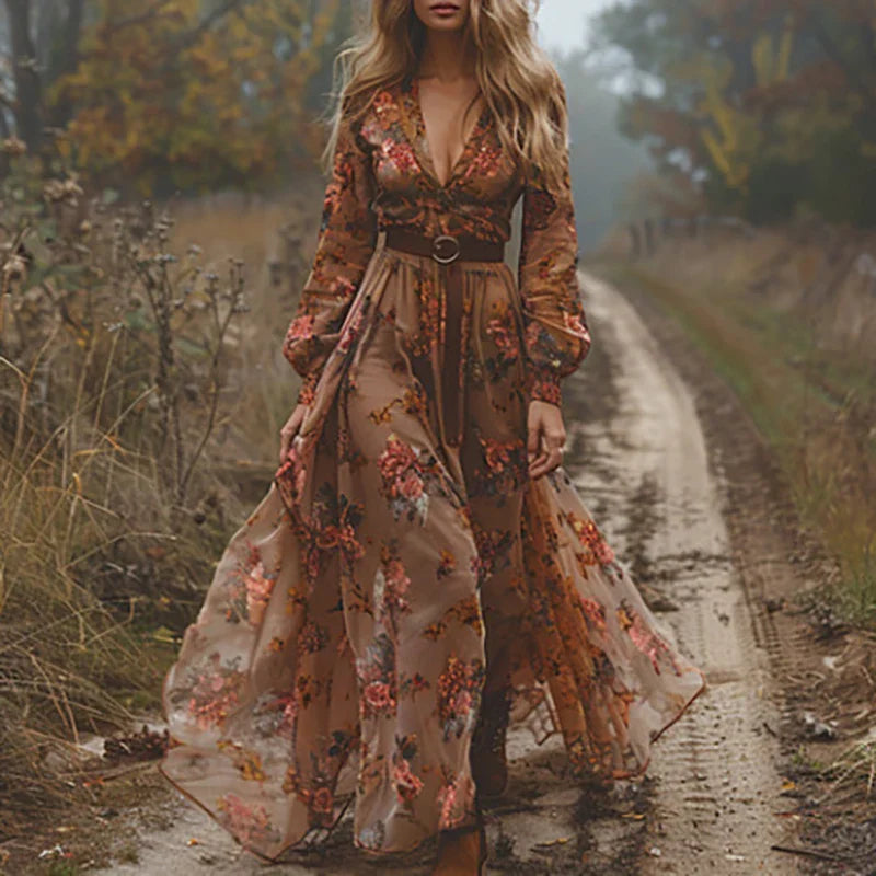 Women's Ethnic Retro Floral Print Pleated Maxi Dress Boho Shirt Collar Button Down Long Dress for Party Spring Summer Fall Vacation XS-2XL - Seldom Seen Styles