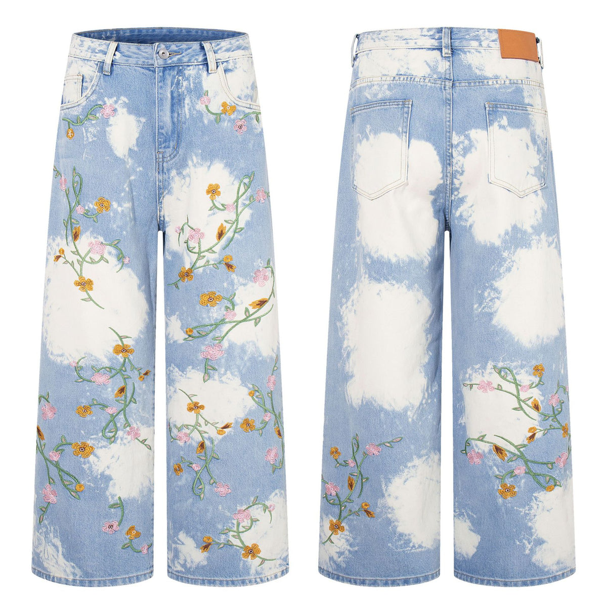 Flower Embroidery Washed Heavy Straight Jeans Retro American High Street Trendy Casual Denim Trousers | Bloom Wash - Seldom Seen Styles