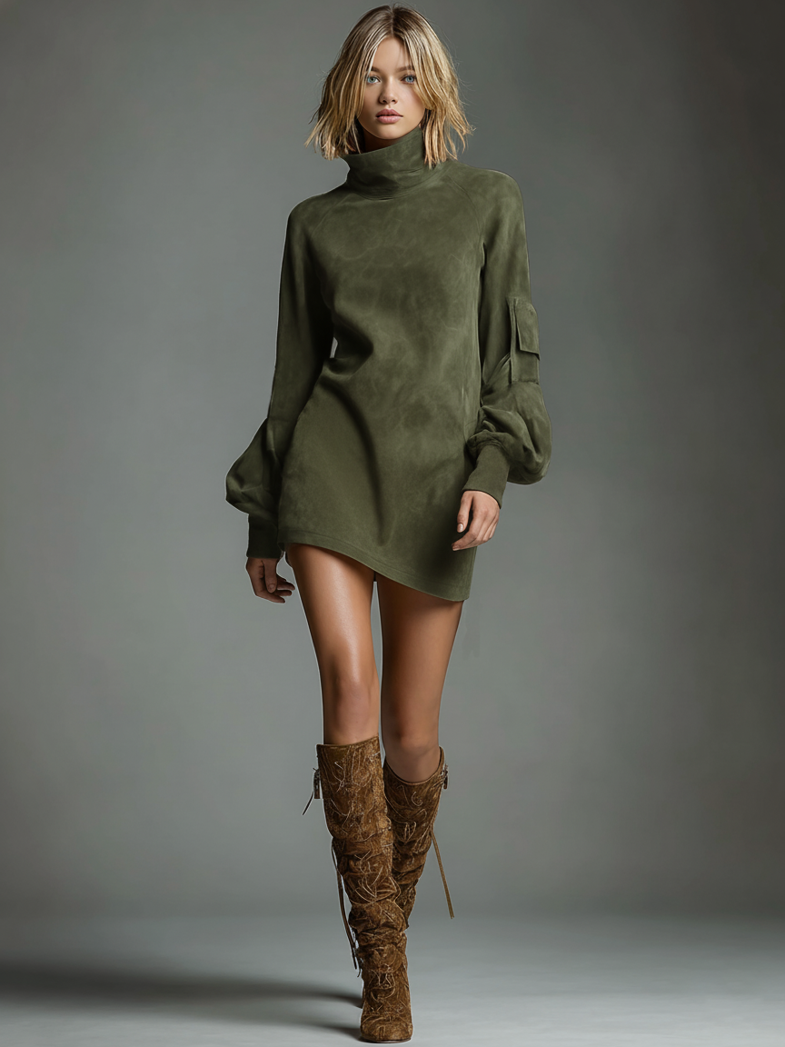 Women's Vintage Loose Suede Turtleneck Mini Dress MDA1693H3Y - Seldom Seen Styles