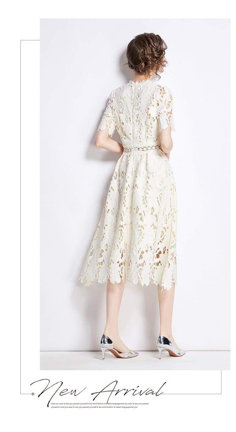 Jaca Lace Midi Dress Short Sleeve Round Neck Mid-Length Dress a Letter Embroidered Lace Dress - Seldom Seen Styles