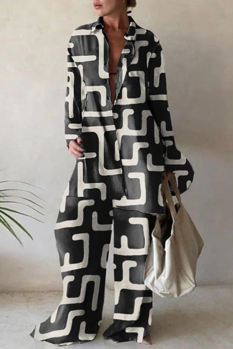 Ladies' Lapel Printed Top+pants Loose Casual Suit - Seldom Seen Styles
