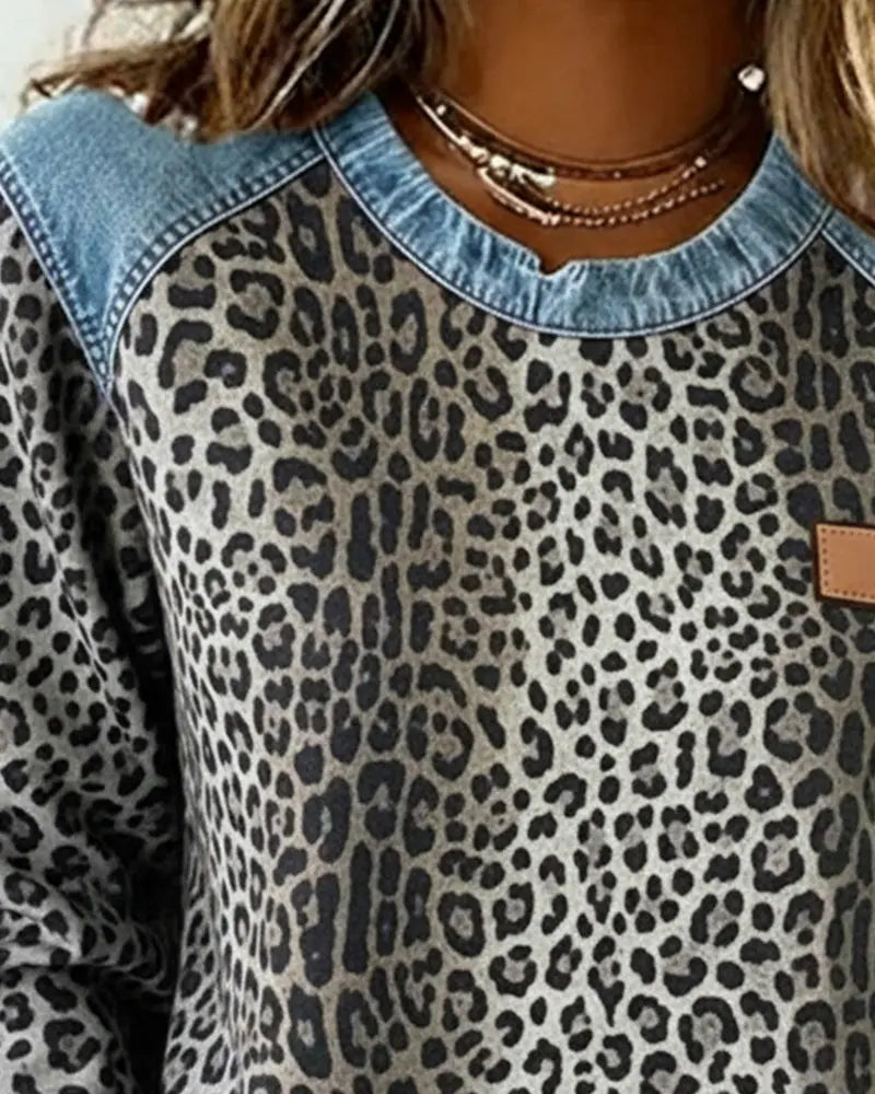 Leopard Print Patchwork Denim Sweater - Seldom Seen Styles