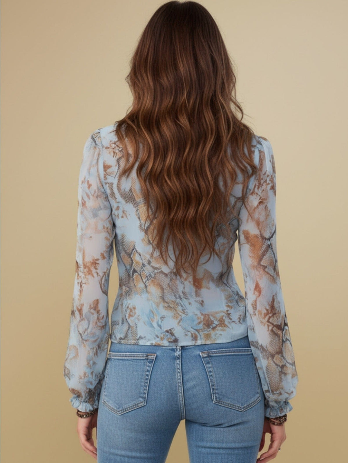 Light Blue Snake-Print Ruffled V-Neck Zip-Front Blouse - Seldom Seen Styles