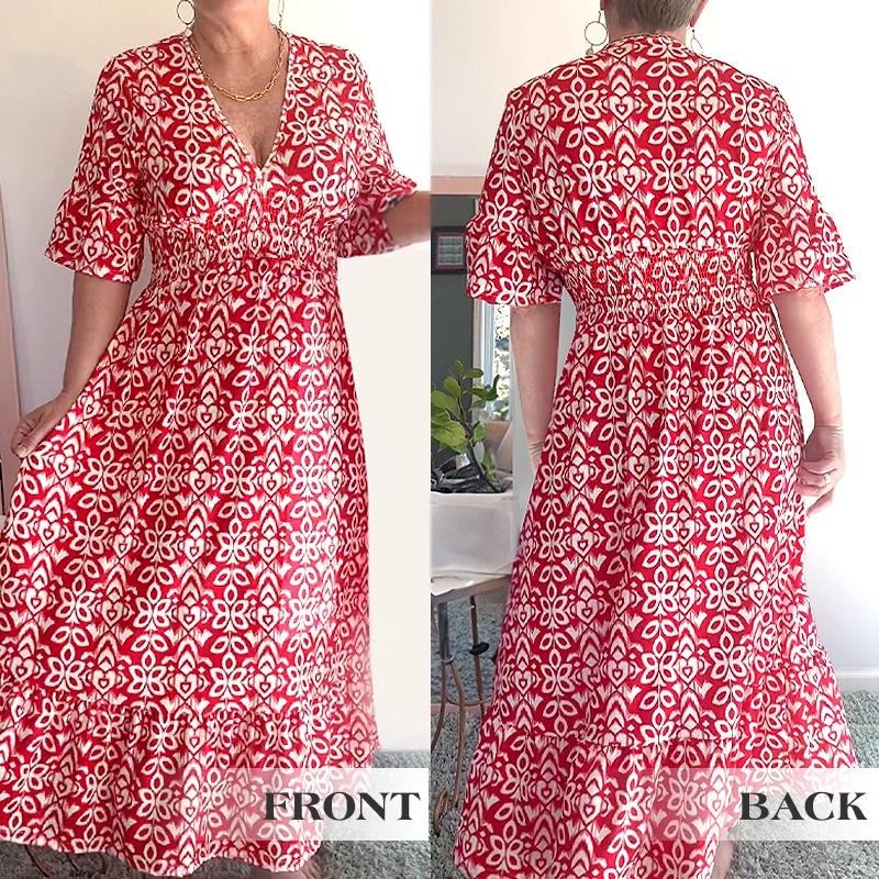 Loose Fit Cotton Linen Boho Dress Comfortable Mid Sleeve V Neck Everyday Midi - Seldom Seen Styles