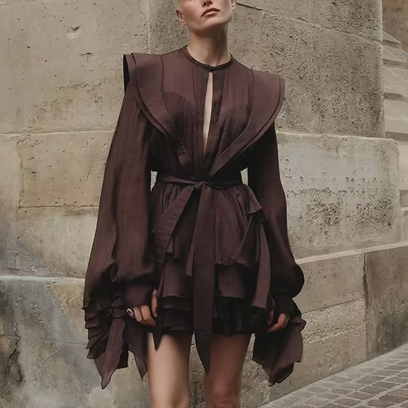 Lotus leaf edge lantern sleeve dress women's autumn new temperament elegant simple casual fashion beach skirt - Seldom Seen Styles