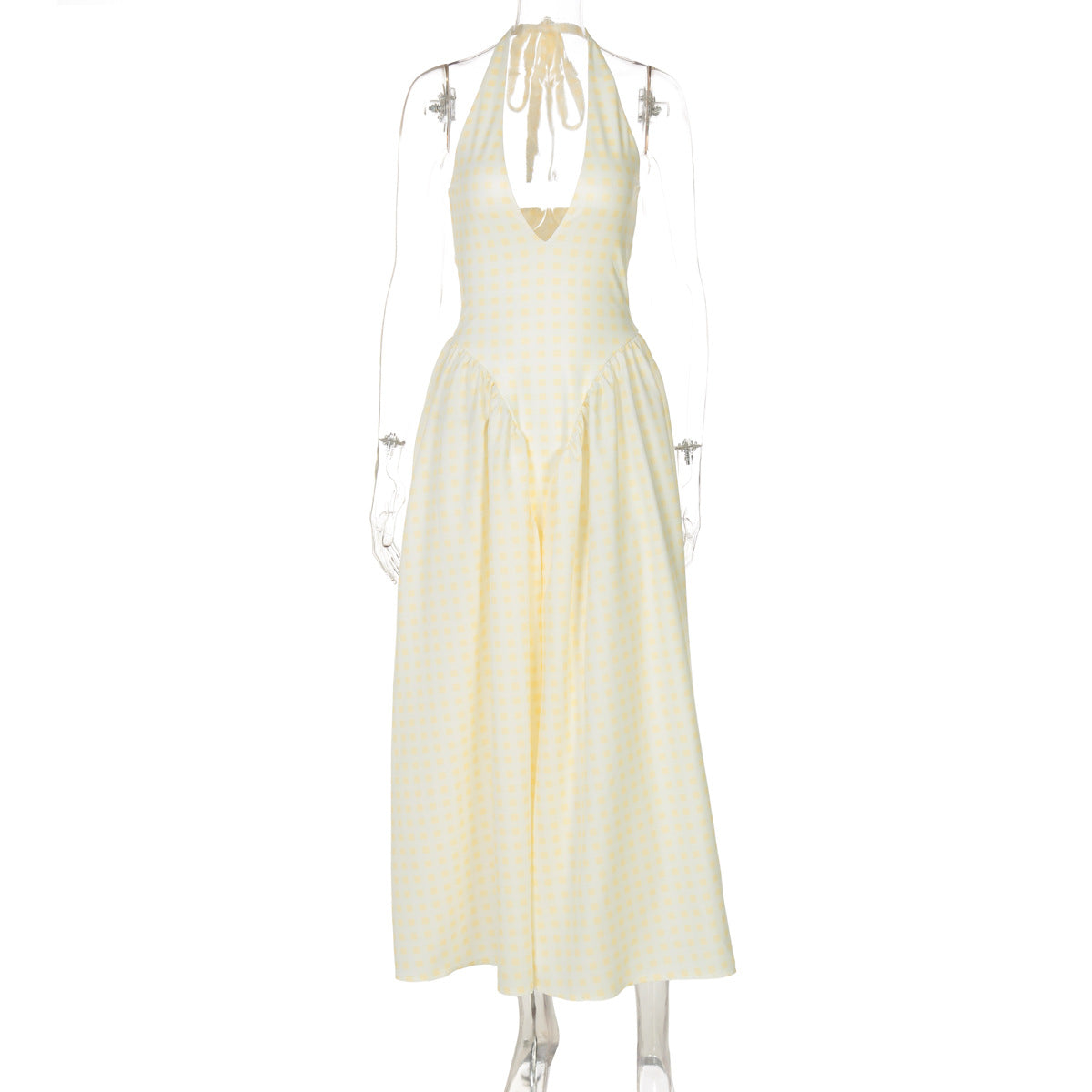 New solid color sexy deep V hollow halterneck temperament large swing skirt dress women's clothing - Seldom Seen Styles