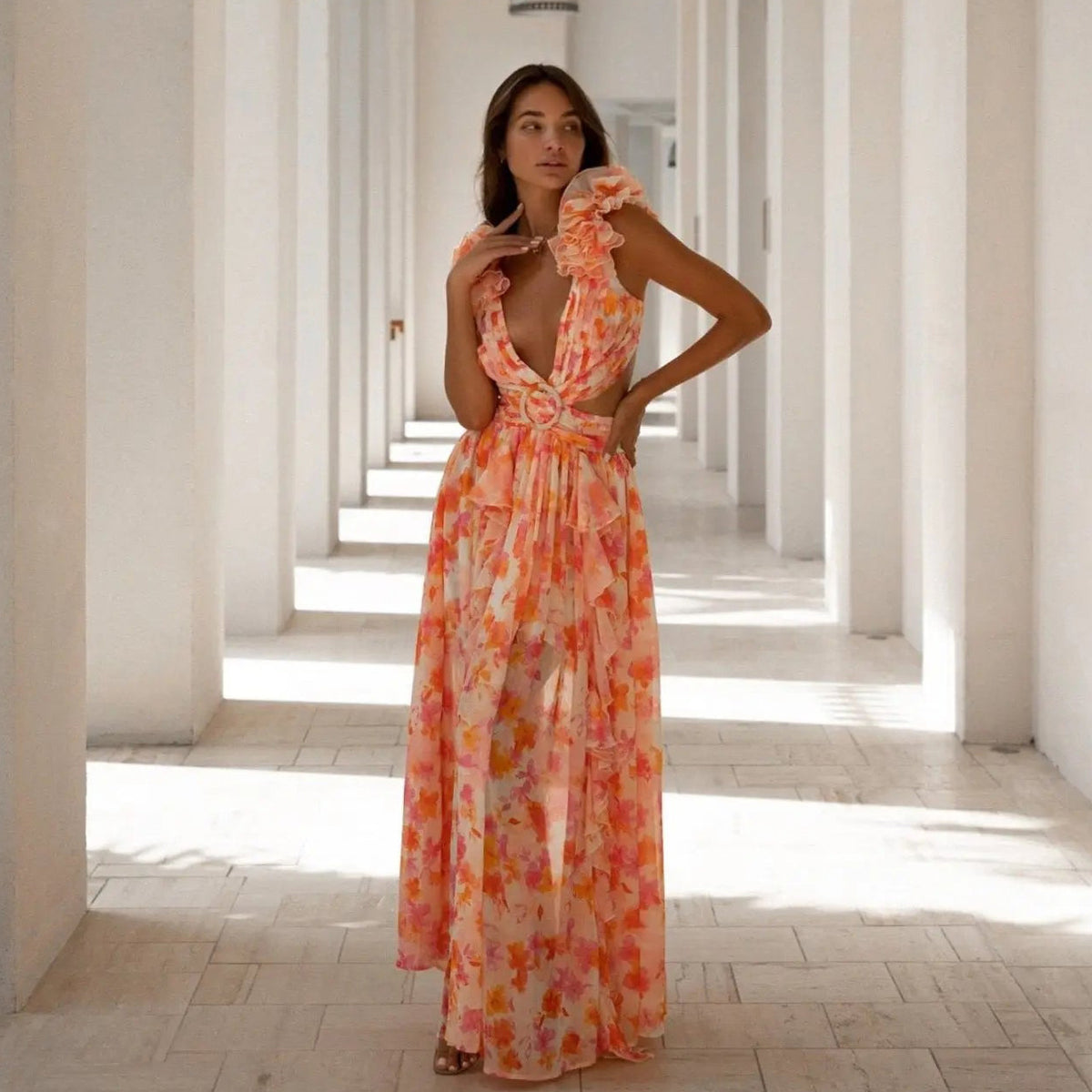 New women's clothing ins vacation dress hollow slim-fitting deep V ruffle edge floral backless dress - Seldom Seen Styles