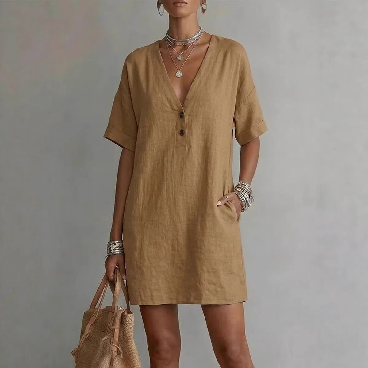 Women's V Neck Casual Summer Dress Loose Fit Fashion Vacation Dress - Seldom Seen Styles