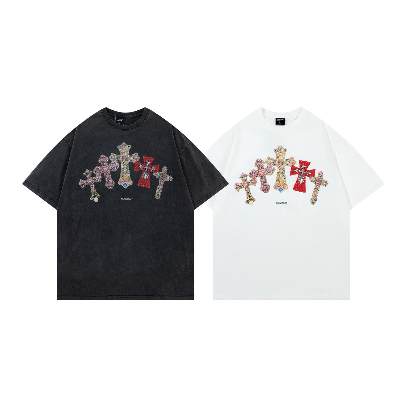 Jewelry Cross Print Short Sleeve T-Shirt Loose Oversized Couple Vibe Niche Design Streetwear Casual Summer Tee | Cross Jewel