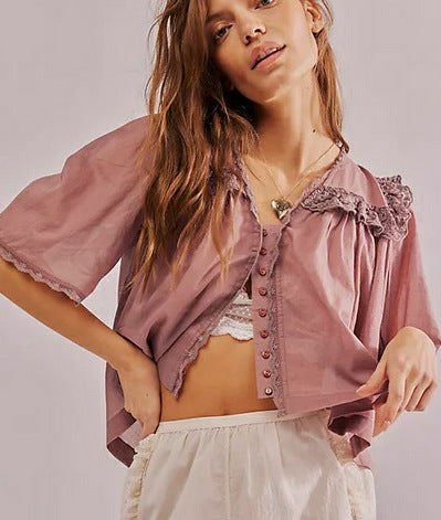 Lace collar chiffon solid color loose fashion lace pleated top women - Seldom Seen Styles