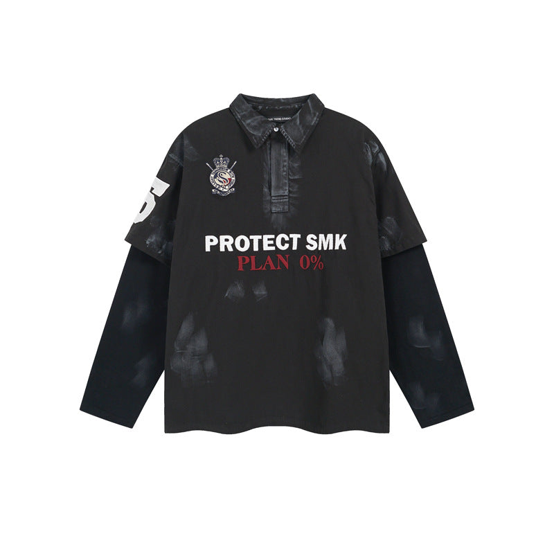 Women's High Street Plaster Dyed Fake Two-Piece Polo Shirt Washed Embroidered Splicing Long Sleeve Unisex | Plaster Polo Duo