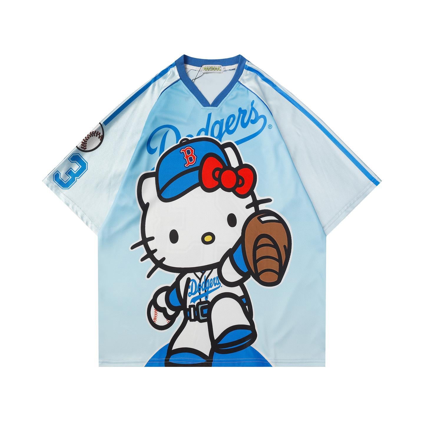 Cartoon Sports Jersey V-Neck Short Sleeve T-Shirt Unisex Loose Fit Retro Splicing Couple Casual Graphic Tee | Jersey Toon
