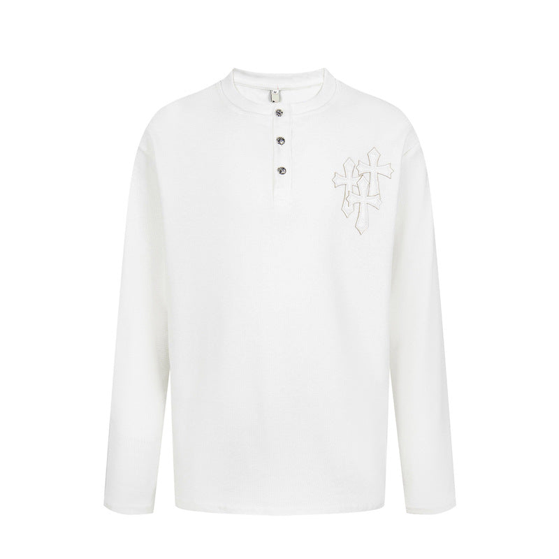 Cross Leather Embroidery Loose Casual Long Sleeve Shirt Retro American Street Style Thin Bottoming Top Fall Streetwear | Cross Stitch