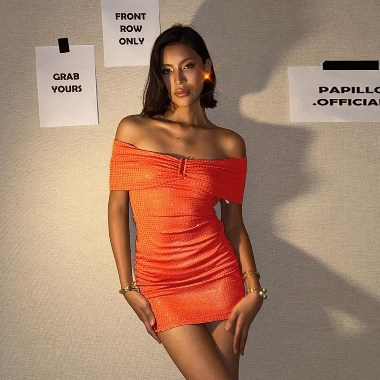 Spring new product sweet and sexy temperament one-word collar hip skirt slim-fitting sparkling dress women - Seldom Seen Styles