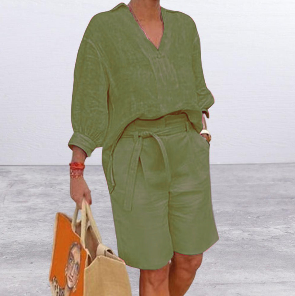 Women's Linen Two Piece Set V Neck Blouse and High Waist Shorts Casual Summer Matching Outfit