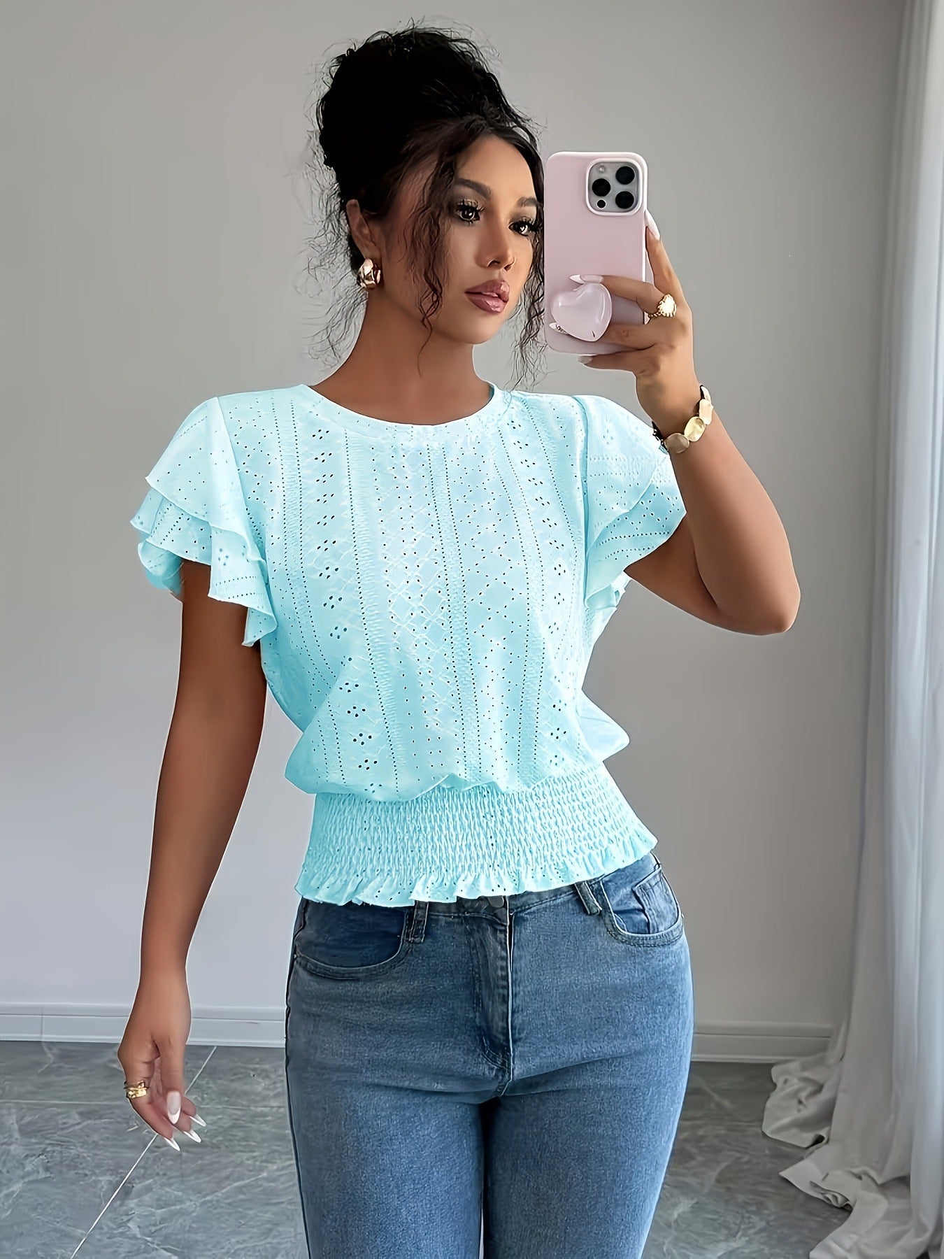 Women's Eyelet Flutter Sleeve Blouse Crew Neck Smocked Hem Casual Summer Top - Seldom Seen Styles