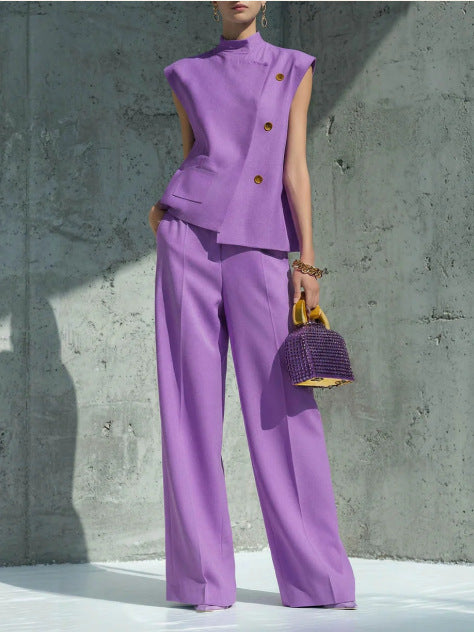 Women's Sleeveless Two Piece Pants Set Stand Collar Button Front Top and Wide Leg Trousers Elegant Casual Business Vacation Outfit - Seldom Seen Styles