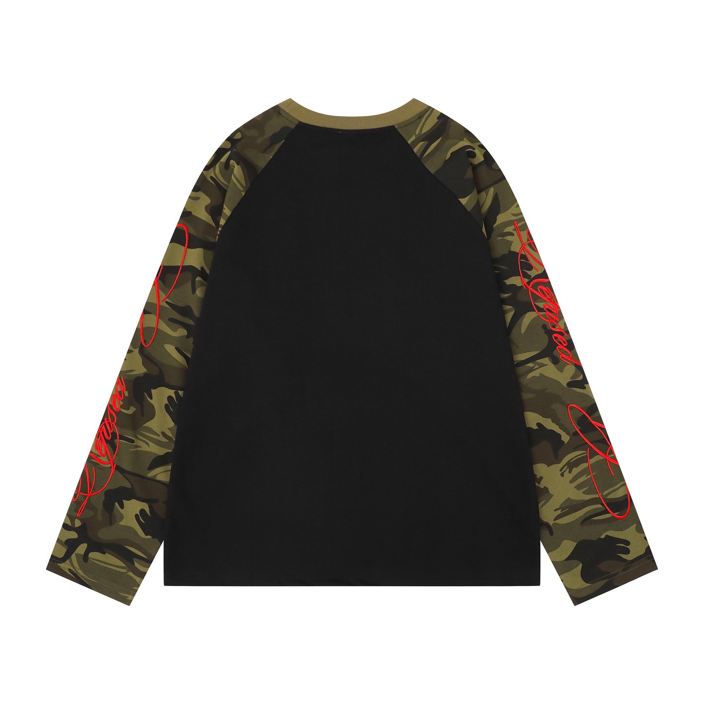 Women's American Retro Camouflage Splice Embroidery Raglan Long Sleeve T-Shirt Loose Casual Unisex Spring Summer Top | Camo Splice Tee