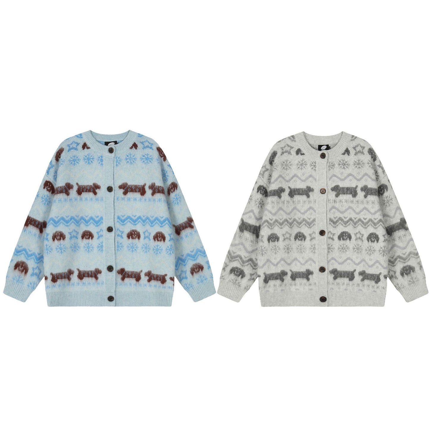 Women's Retro Puppy Jacquard Cardigan Sweater Loose Oversized Knitted Jacket Lazy Style Autumn Winter Unisex | Puppy Knit Cardi