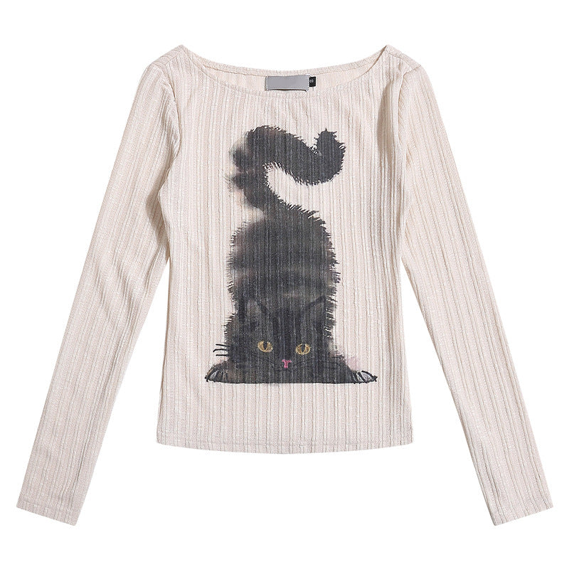 Retro Fluffy Cat Ribbed Knit Long Sleeve Top