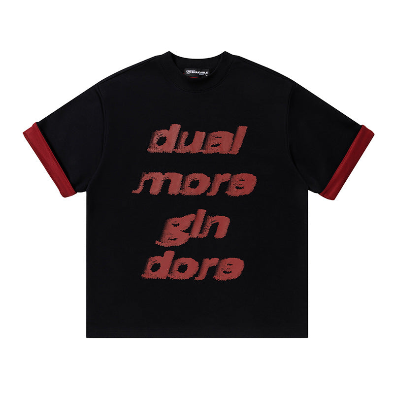 Dual More Gin Dore Graphic Oversized T-Shirt Contrast Cuff Crew Neck Casual Summer Streetwear Tee | Dual More Tee