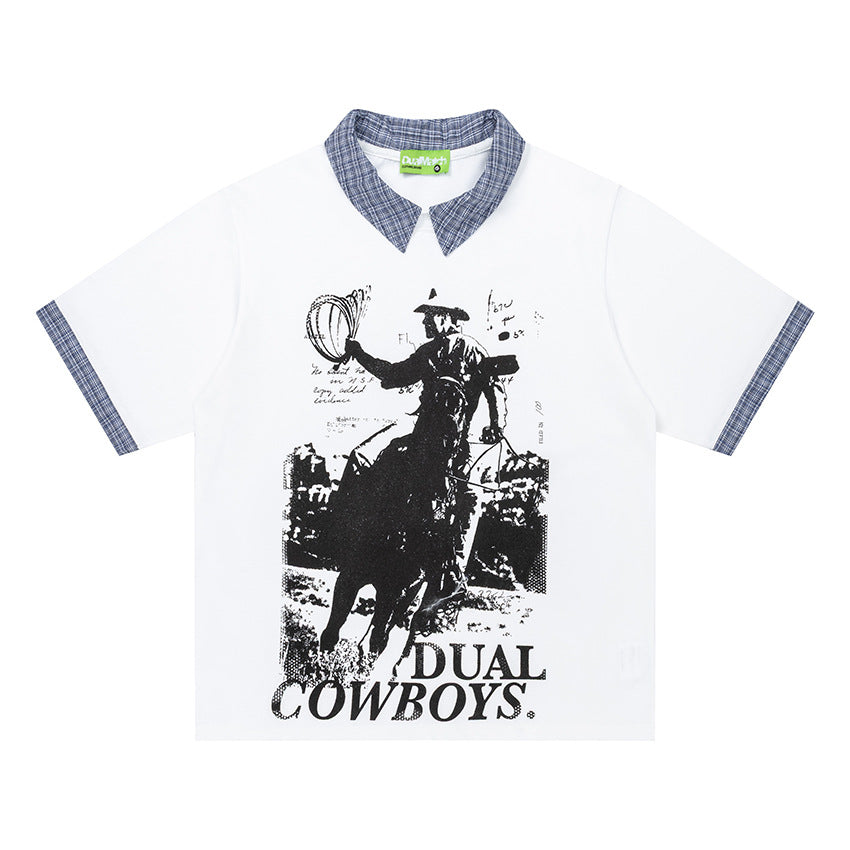 Dual Cowboys Graphic T-Shirt Short Sleeve Contrast Collar Oversized Casual Summer Streetwear Tee | Dual Cowboys Tee