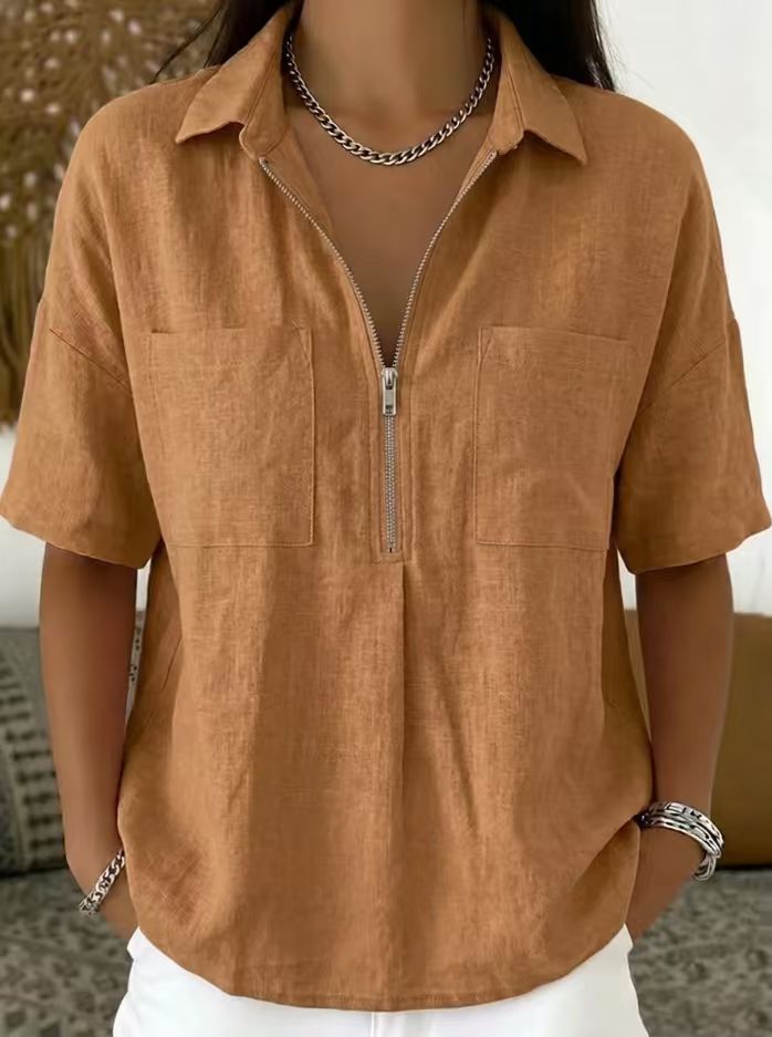 Women's Loose Lapel Short Sleeve Shirt V-Neck Zipper Casual Top Summer Vacation Outfit - Seldom Seen Styles