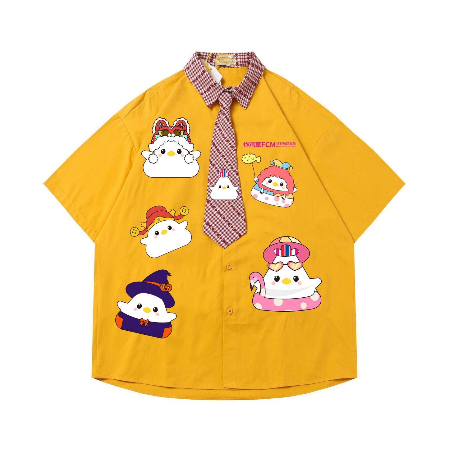 Cartoon Embroidery Short Sleeve Shirt Unisex Loose Fit Tie-Neck Casual Couple Streetwear Top | Tie Stitch