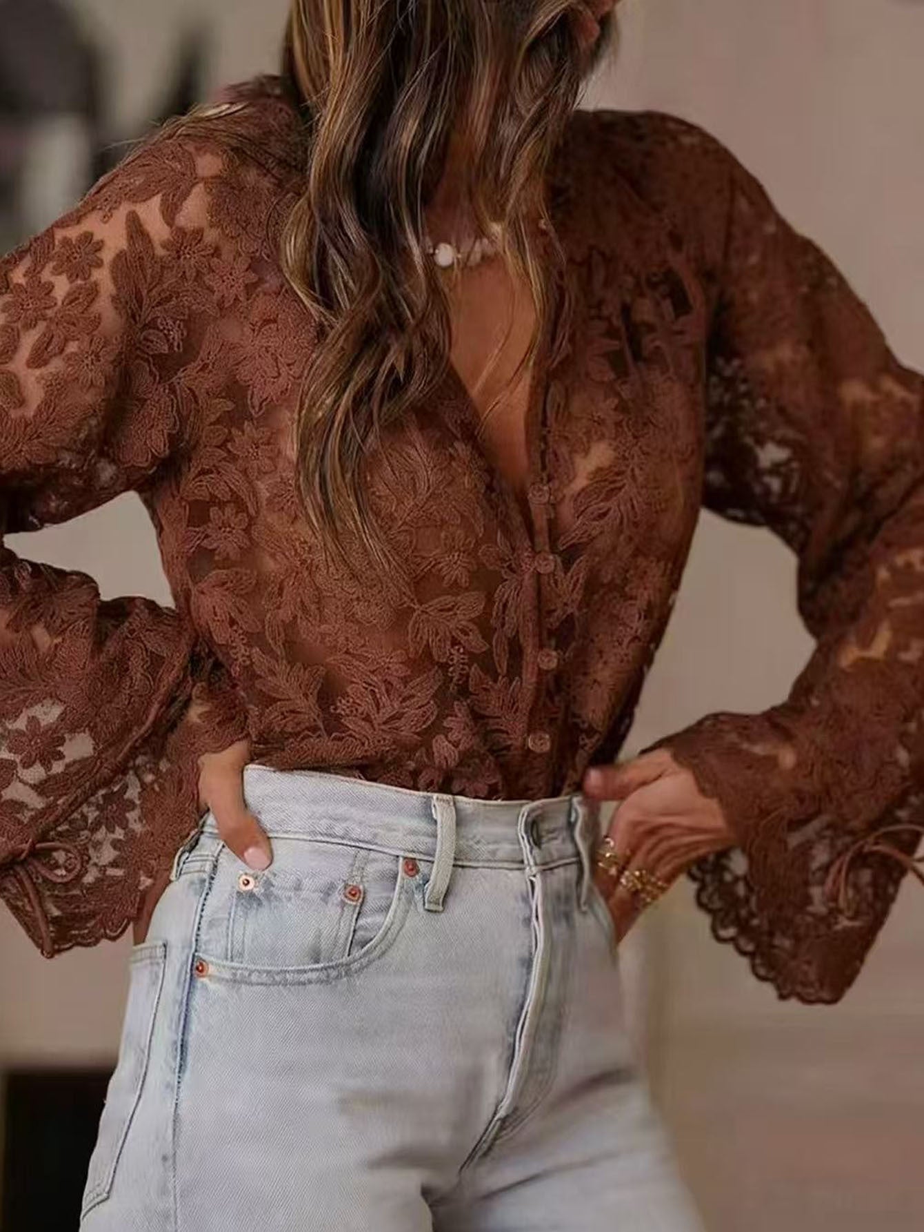 Korean version of the new hollow casual lace shirt lace shirt women - Seldom Seen Styles