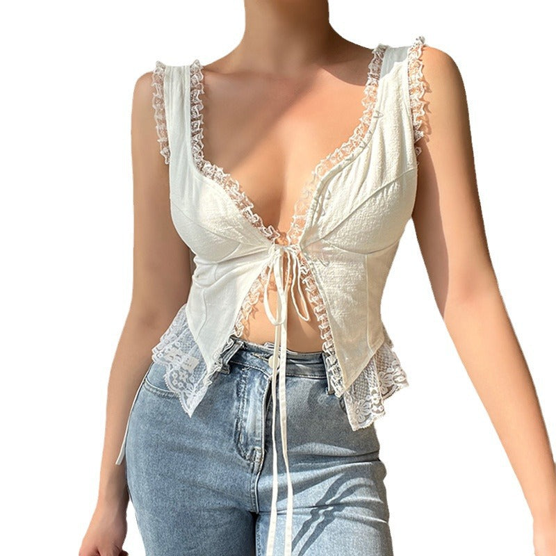 Women's fashion lace edge straps sexy halter hollow vest cardigan - Seldom Seen Styles