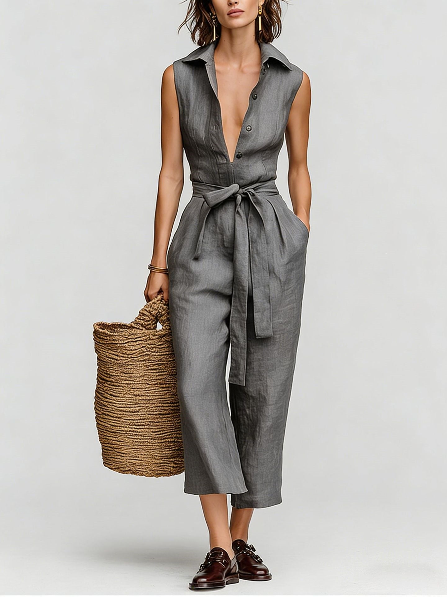 Women's Linen Blend Sleeveless V-Neck Belted Jumpsuit Casual Summer Vacation Outfit - Seldom Seen Styles