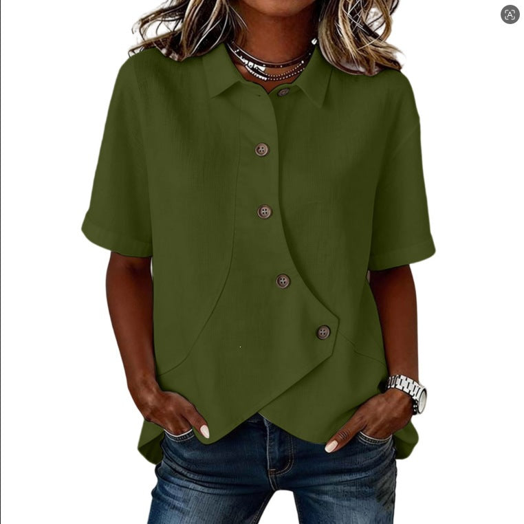 Women's Casual Solid Color Irregular Hem Button Up Short Sleeve Loose Top Summer Vacation Outfit - Seldom Seen Styles